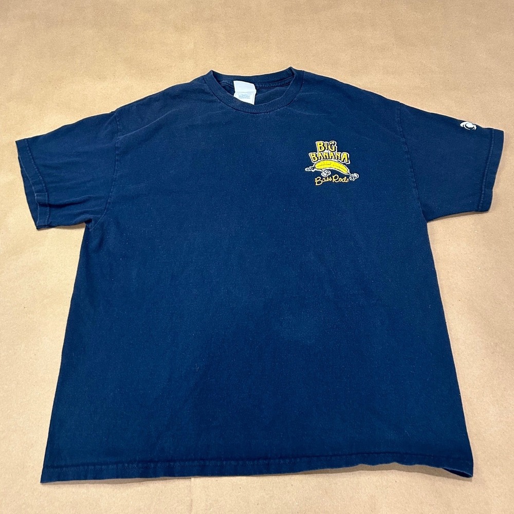 Vintage Tennessee River Navy Blue Big Banana Bass Rods T-Shirt Mens XL